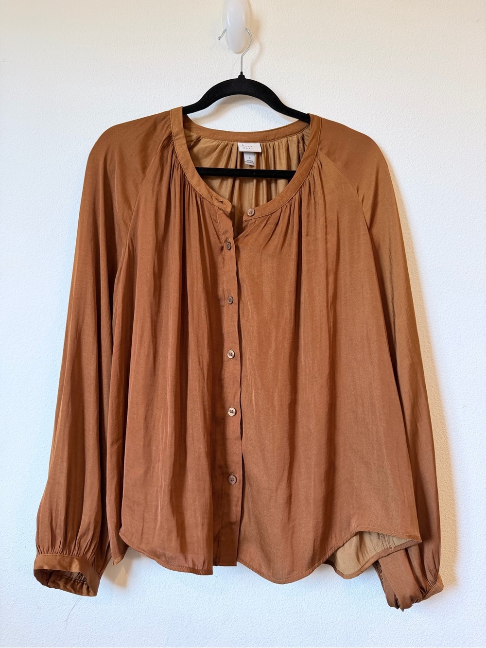 a new day Rust Brown Button-Front Peasant Blouse satin